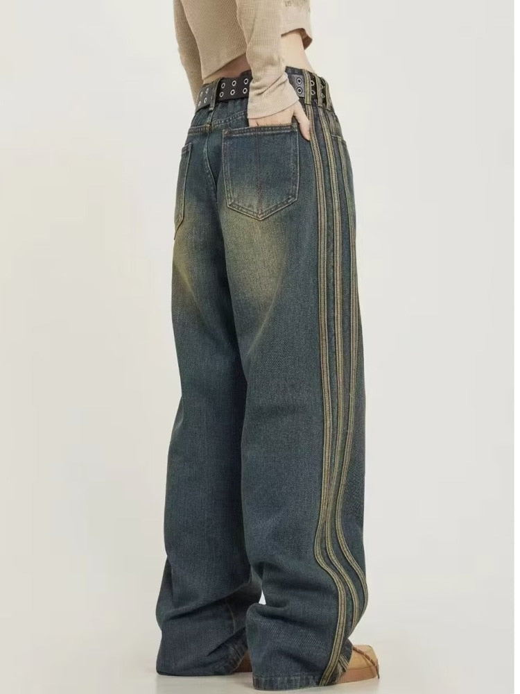 Wenkouban Vintage Washed Old High Street Side Striped Jeans Women's Loose Wide Leg Slim Pants Women's Jeans