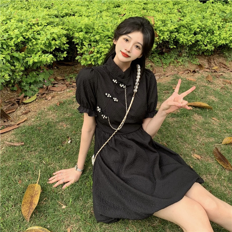 Wenkouban New Chinese Fashion Cheongsam Mini Doll Dress Stand Collar Puff Sleeve Little Ball Gown Dress Small Girl Black White Party Dress