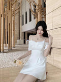 Wenkouban Dresses For Women 2023Sweet Bow Spaghetti Strap Pearl Decoration Mini Dress one piece Slash Neck Elegant Birthday Party Dress