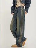 Wenkouban Vintage Washed Old High Street Side Striped Jeans Women's Loose Wide Leg Slim Pants Women's Jeans