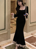 Wenkouban-Christmas Outfit New Year's Eve Dress party look inspos Casual Women's Dresses Square Collar Flare Long Sleeve Patchwork Mermaid Evening Party Long Dress Elegant Bodycon Vestidos Mujer