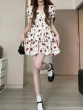 Wenkouban Rose Print Sweet A-line Floral dress Summer Preppy Short Sleeve Square Collar Casual Girl Mini Dress