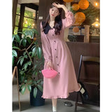 Wenkouban French Vintage Elegant Peter Pan Collar Pink Long Dress Women Spring Autumn Fashion Sweet design Ladies Loose Casual Midi Dress