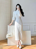 Wenkouban Korean White Fashions High Neck Knitted Warm Sweater Dress Autumn Winter Female Black Classy Retro Slim Waist Long Dress Simple
