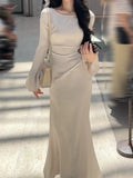 Wenkouban-Christmas Outfit New Year's Eve Dress party look inspos Women New Fashion Satin Dress Long Sleeve Bodycon Casual Solid Party Wedding Robe Elegant Chic Vintage Female Vestidos Mujers