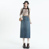 Wenkouban Retro Denim Skirt For Women Spring And Autumn New Summer Mid Length Slim A-line Split Long Skirt Skirt