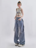 Wenkouban Autumn Women's Retro Niche Ribbon Design With Versatile Washable And Distressed Wide Leg High Waisted Women's Jeans