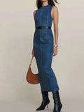 Wenkouban 2024 Summer Denim Blue Slim Dress Women Fashion High Waist Sleeveless Bodycon Dresses Lady Denims Street Style Robes Vestidos