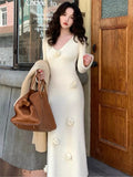 Wenkouban-Christmas Outfit New Year's Eve Dress party look inspos Vintage Floral Applique Knitted Dress for Women Elegant V-neck Long Sleeve Midi Prom Robe Autumn Ladies Party Vestidos Fashion