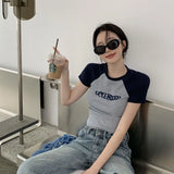Y2K Women T Shirt Patchwork Letter Slim Fit Crop Tops Streetwear Casual Korean Fashion Short Sleeve Tshirts Bae Female Tees