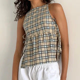 Wenkouban-Fairycore Vintage Y2K Milkmaid Camis Plaid Solid Color Cut Out Side Tie Up Vest Women Casual Loose Sleeveless Crop Top Holiday