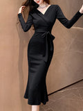 Wenkouban-Christmas Outfit New Year's Eve Dress party look inspos Fashion Women Elegant Bodycon Slim Midi Dress Vintage Sexy Casual Lace-up Prom Party Dresses Chic Solid Female Vestidos Mujers