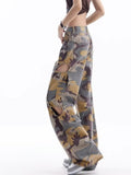 Wenkouban Loose Splashed Ink Speaker Camouflage Pants Trendy Hip-hop Vintage Versatile Work Clothes Pants Wide Leg Pants Women's Jeans