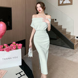 Wenkouban French Temperament Celebrity Wind Sexy Strapless Oblique Collar Dress Female Spring and Summer Slim Open Package Hip Long Dress