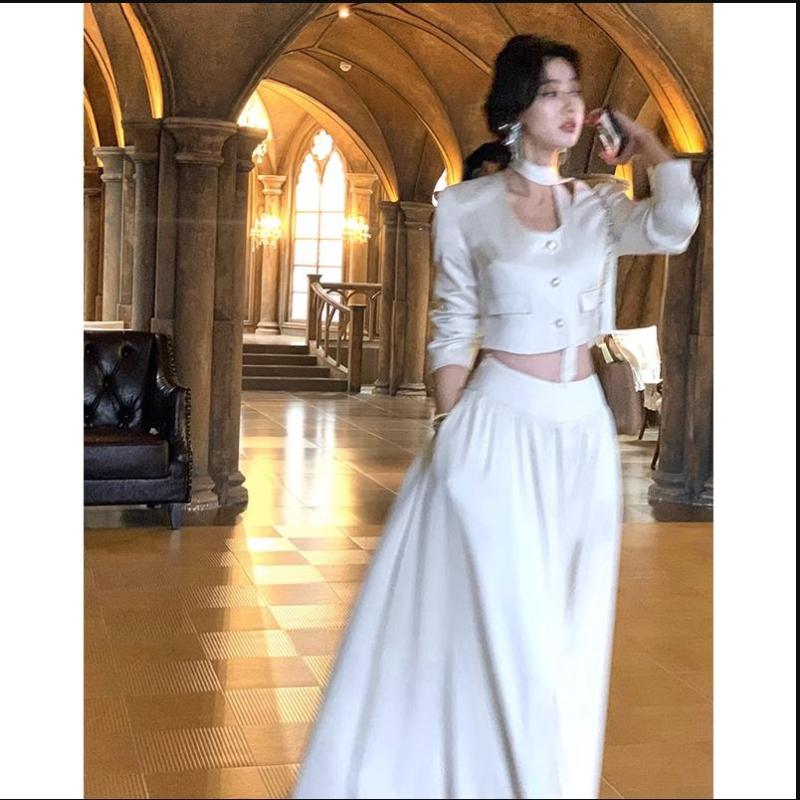 Wenkouban French White Long Sleeve 2 Piece Set for Women Autumn New Elegant Fashion Short Top High Waist Long Skirt Suit Female Clothing