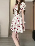Wenkouban Rose Print Sweet A-line Floral dress Summer Preppy Short Sleeve Square Collar Casual Girl Mini Dress