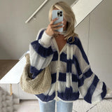 Wenkouban Fashion Striped Sweater Cardigan With Scarf Female Loose Thin Hollow Knitted Top Lantern Sleeve Contrast Color Retro Top
