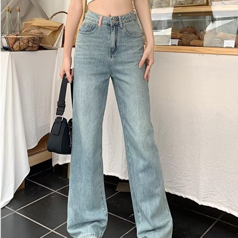 Wenkouban Baby Blue Loose Straight Jeans Women's High Waist Thin Summer Thin Design Tassel Versatile Wide Leg Pants Trend