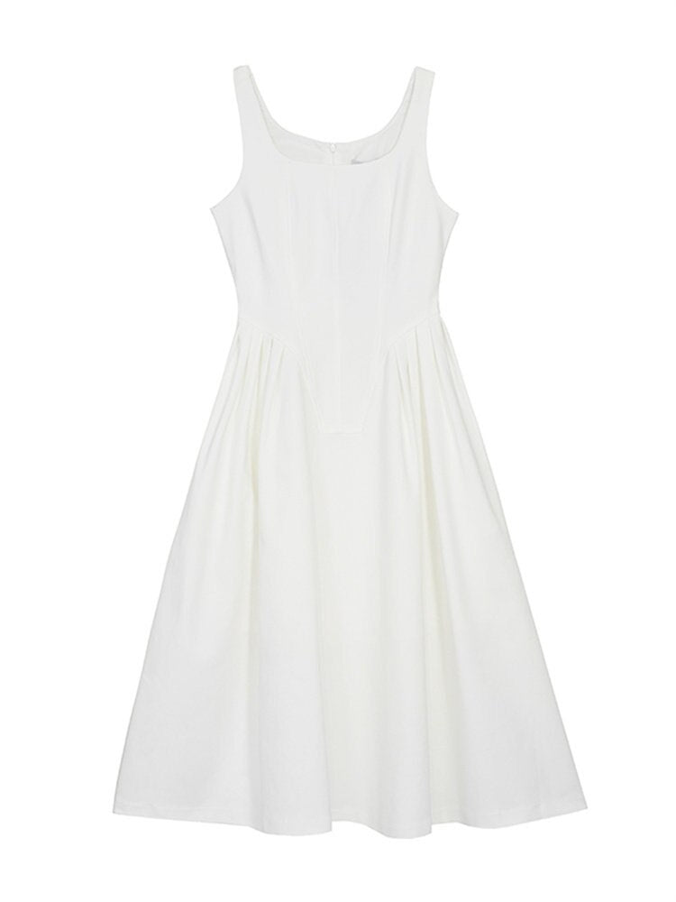 Wenkouban Korean Straps Midi Dress for Women 2023 New Fashion Elegant Square Collar Sleeveless White Dress Chic Fairycore Vintage Dresses