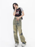 Wenkouban Vintage Street Deconstructed Design Sense Jeans Yellow Mud Dyed Old Vintage Straight Tube Loose Wide Leg Pants Women's Jeans