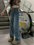Wenkouban Retro Blue Distressed Korean Version High-waisted High-straight Design Loose Jeans