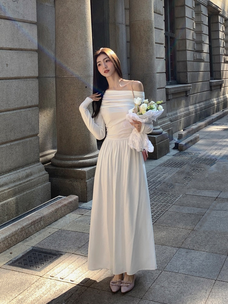 Wenkouban Autumn Fashion White Knitted Dress Women Elegant Sexy Off Shoulder Slim A-Line Robe Korean Spring Casual Long Sleeve Clothing