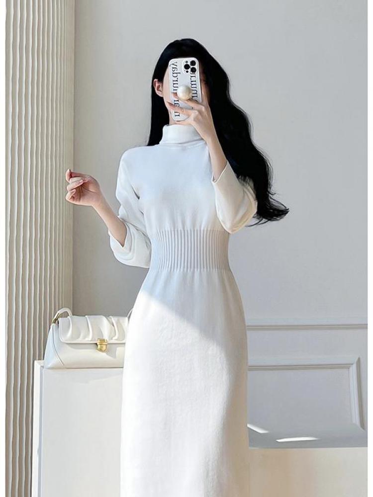 Wenkouban Korean White Fashions High Neck Knitted Warm Sweater Dress Autumn Winter Female Black Classy Retro Slim Waist Long Dress Simple