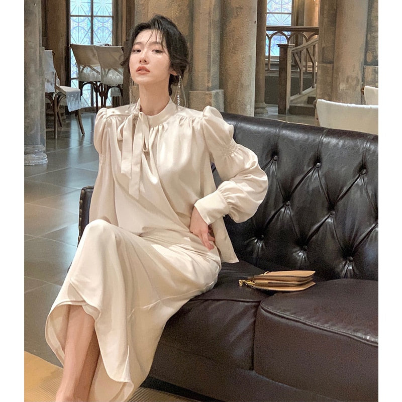 Wenkouban Korean Satin Long Sleeve Bow Top Skirts 2 Piece Set for Women 2023 New Autumn Fashion Elegant Evening Party Female Clothes Suits