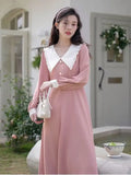 Wenkouban French Vintage Elegant Peter Pan Collar Pink Long Dress Women Spring Autumn Fashion Sweet design Ladies Loose Casual Midi Dress
