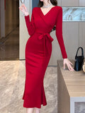 Wenkouban-Christmas Outfit New Year's Eve Dress party look inspos Fashion Women Elegant Bodycon Slim Midi Dress Vintage Sexy Casual Lace-up Prom Party Dresses Chic Solid Female Vestidos Mujers