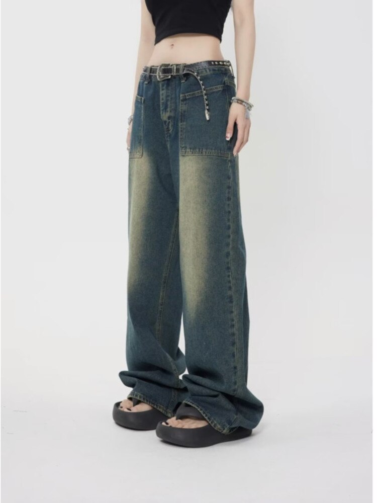 Wenkouban High Street Trendy Brand Jeans Women's Summer New Small Style Retro Straight Tube Floor Sweeping Design Women's Denim Pants
