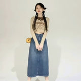 Wenkouban Retro Denim Skirt For Women Spring And Autumn New Summer Mid Length Slim A-line Split Long Skirt Skirt