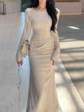 Wenkouban-Christmas Outfit New Year's Eve Dress party look inspos Women New Fashion Satin Dress Long Sleeve Bodycon Casual Solid Party Wedding Robe Elegant Chic Vintage Female Vestidos Mujers