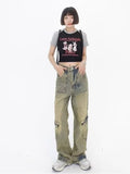 Wenkouban Vintage Street Deconstructed Design Sense Jeans Yellow Mud Dyed Old Vintage Straight Tube Loose Wide Leg Pants Women's Jeans