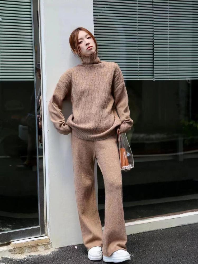 Women Solid Knit Sweater Suit Autumn Winter Casual Turtleneck Pullover High Waist Wide Leg Pants Elegant 2 Piece Sets Lazy Style