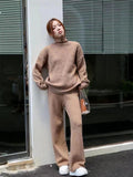 Women Solid Knit Sweater Suit Autumn Winter Casual Turtleneck Pullover High Waist Wide Leg Pants Elegant 2 Piece Sets Lazy Style