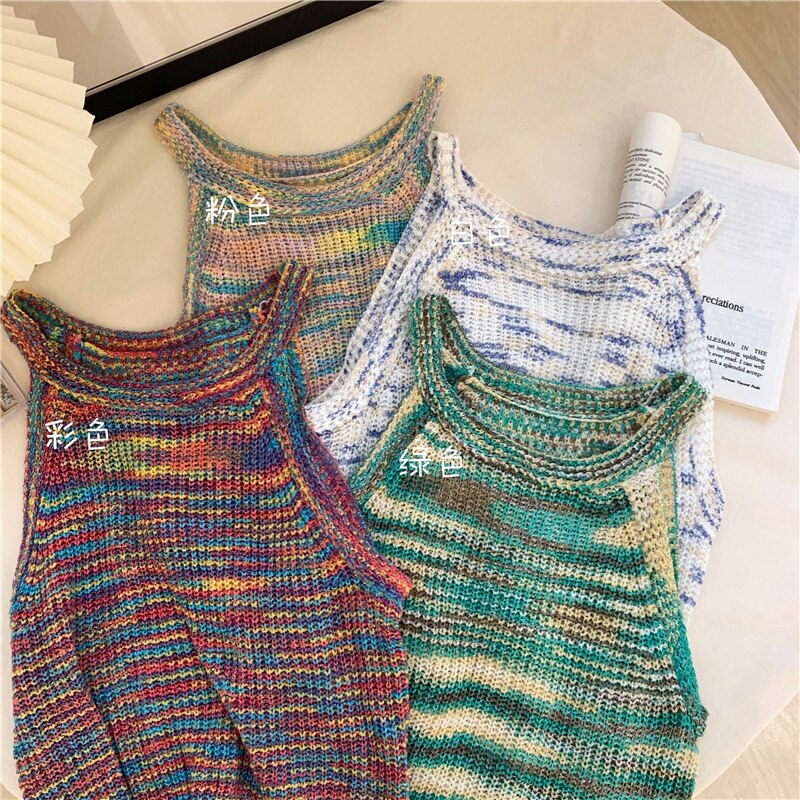 Wenkouban Colorful Striped Summer Tanks Tops Women Korean Rainbow Sleeveless Shirts Top O-Neck Slim Knitted Top Slim Sexy Streetwear