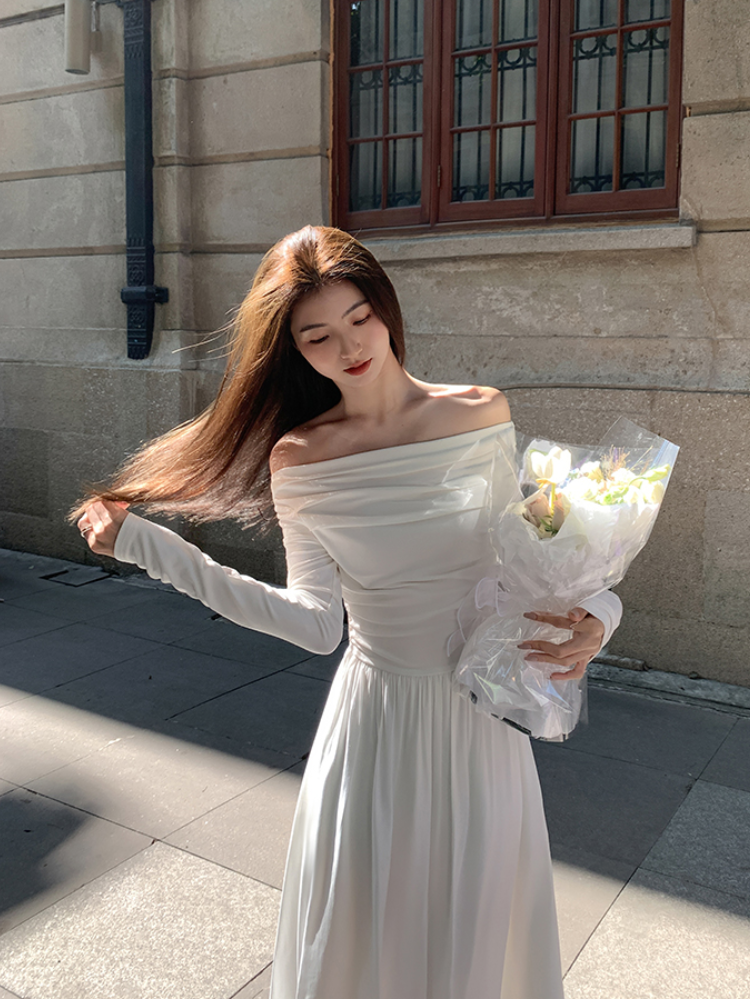 Wenkouban Autumn Fashion White Knitted Dress Women Elegant Sexy Off Shoulder Slim A-Line Robe Korean Spring Casual Long Sleeve Clothing