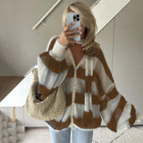 Wenkouban Fashion Striped Sweater Cardigan With Scarf Female Loose Thin Hollow Knitted Top Lantern Sleeve Contrast Color Retro Top