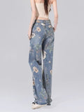 Wenkouban Street Printed Jeans, Female Niche Design, Trendy Vibe High Waisted Drape, Straight Leg Wide Leg Long Pants, Women's Jeans