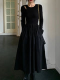Wenkouban-Christmas Outfit New Year's Eve Dress party look inspos Vintage Knitted Midi Party Dresses for Women Fashion New Casual Hollow Out Black Dresses Autumn Winter Female Elegant Robe