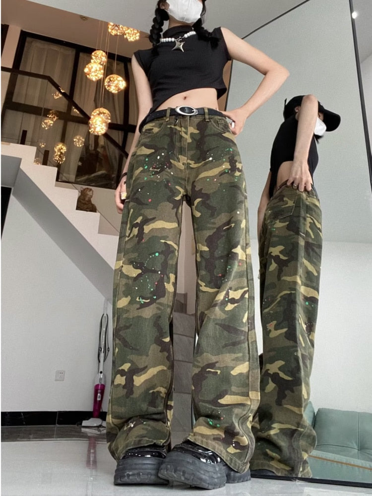 Wenkouban Loose Splashed Ink Speaker Camouflage Pants Trendy Hip-hop Vintage Versatile Work Clothes Pants Wide Leg Pants Women's Jeans