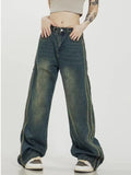Wenkouban Vintage Washed Old High Street Side Striped Jeans Women's Loose Wide Leg Slim Pants Women's Jeans