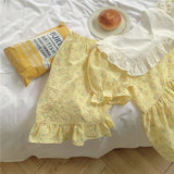 Wenkouban Ruffles V-Neck Summer Pajamas Set Women Short Sleeve Sweet Blouse + Shorts Suit Cotton Sleepwear Flowers Plaid Homewear