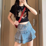 Wenkouban Lazy Skirt Harajuku Simple And Versatile Trend Women Ins Solid Color New A-type Midskirt High Waist Literary Denim Skirt