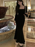 Wenkouban-Christmas Outfit New Year's Eve Dress party look inspos Casual Women's Dresses Square Collar Flare Long Sleeve Patchwork Mermaid Evening Party Long Dress Elegant Bodycon Vestidos Mujer