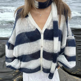 Wenkouban Fashion Striped Sweater Cardigan With Scarf Female Loose Thin Hollow Knitted Top Lantern Sleeve Contrast Color Retro Top