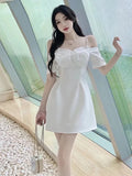 Wenkouban Dresses For Women 2023Sweet Bow Spaghetti Strap Pearl Decoration Mini Dress one piece Slash Neck Elegant Birthday Party Dress