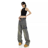 Wenkouban Hong Kong Style Retro High Waisted Workwear Jeans, Women's Summer New Unique Design, Straight Pocket, Floor Long Pants