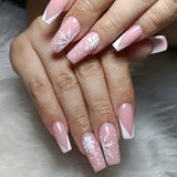 Wenkouban-24pcs Snowflake Fake Nails Square Head French Nail Press on Nails Rhinestone Waterproof Faux Fingernails